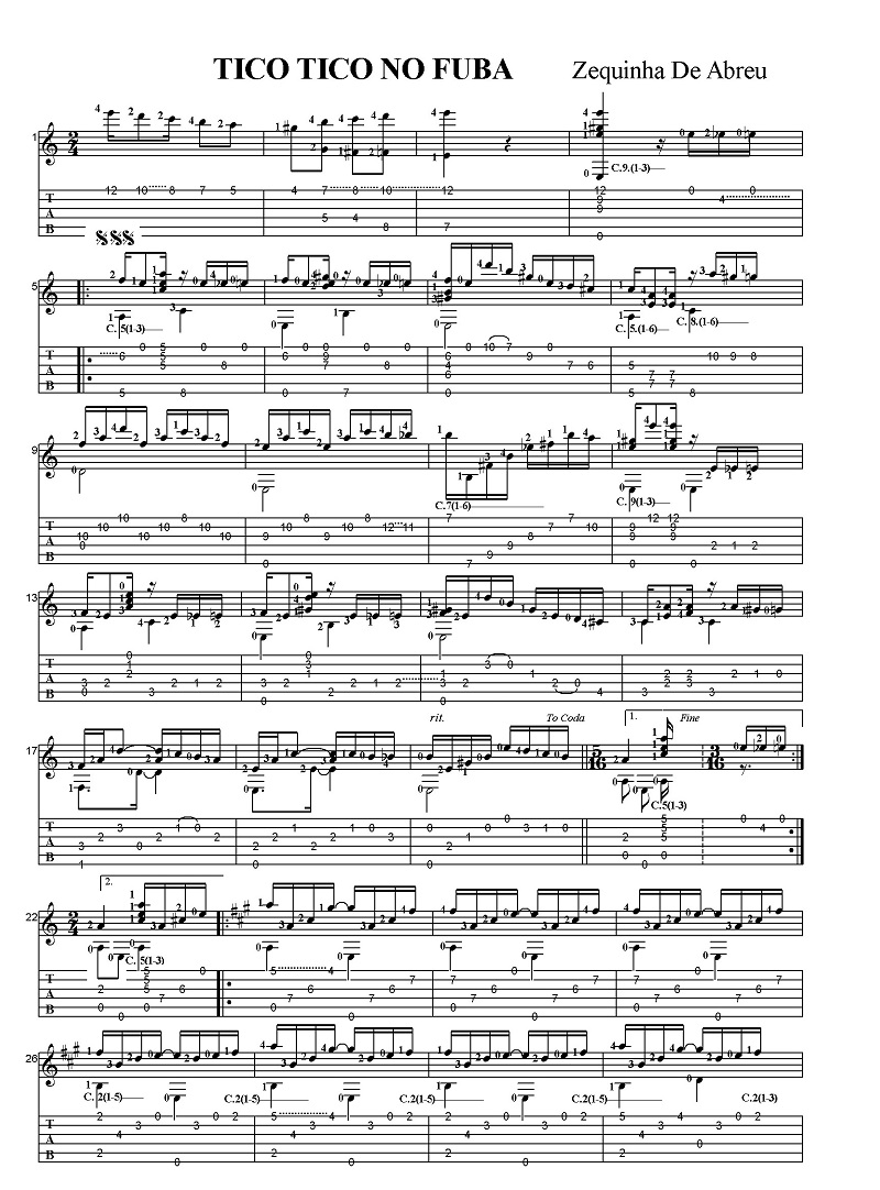 �^�u���t���y���@�[�L�[�j���E�W�E�A�u���E�@�`�R�E�`�R�E�m�E�t�[�o 
	Sheet music with Tab Zequinha De Abreu TICO TICO NO FUBA