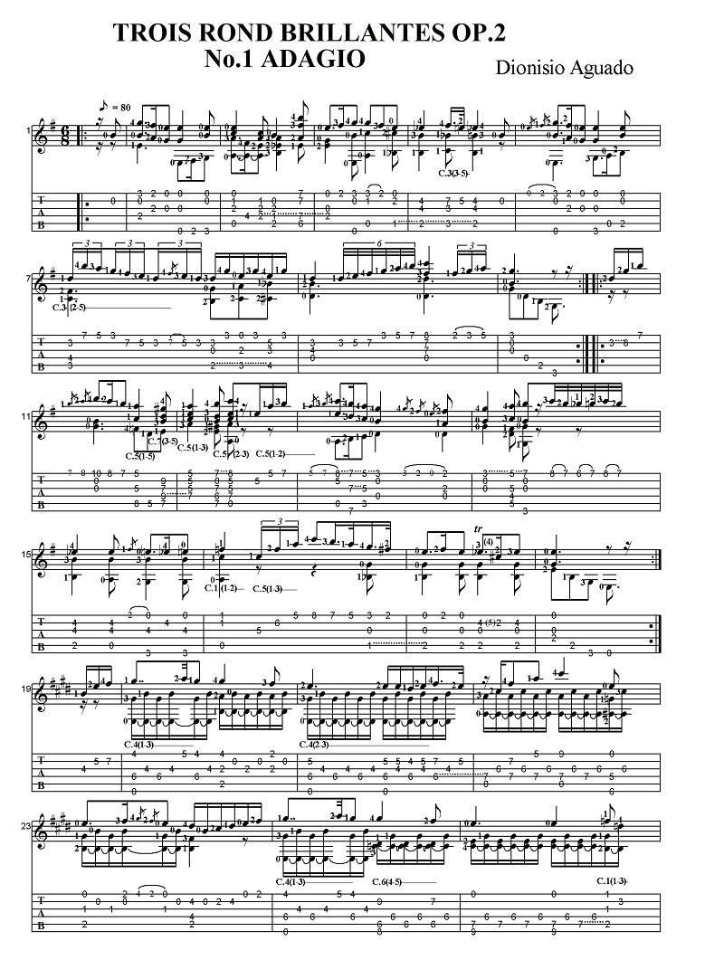 �^�u���t���y���@�f�B�I�j�V�I�E�A�O�A�h�@3�̉ؗ�ȃ����h Op.2 1 �A�_�[�W�I
	Sheet music with Tab Dionisio Aguado TROIS ROND BRILLANTES OP.2 1 ADAGIO