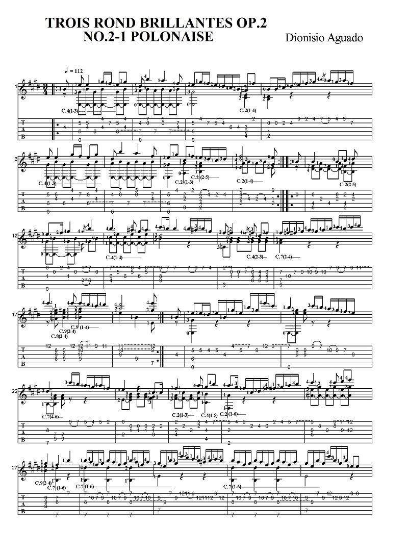 �^�u���t���y���@�f�B�I�j�V�I�E�A�O�A�h�@3�̉ؗ�ȃ����h Op.2 2-1 �|���l�C�Y
	Sheet music with Tab Dionisio Aguado TROIS ROND BRILLANTES OP.2 2-1 POLONAISE